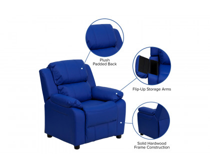 BLNK Charlie Deluxe Vinyl Padded Contemporary Kids Recliner with Storage Arms - Blue