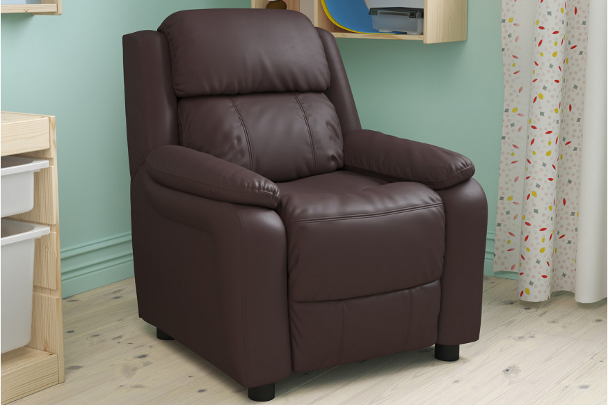 BLNK™ Charlie Deluxe LeatherSoft Padded Contemporary Kids Recliner with Storage Arms - Brown