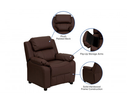 BLNK™ Charlie Deluxe LeatherSoft Padded Contemporary Kids Recliner with Storage Arms - Brown