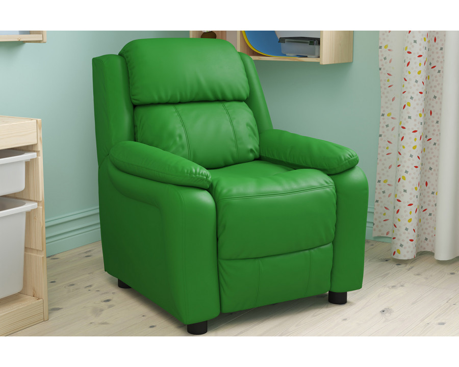 BLNK Charlie Deluxe Vinyl Padded Contemporary Kids Recliner with Storage Arms - Green