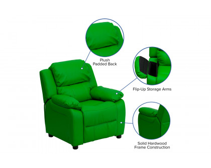 BLNK Charlie Deluxe Vinyl Padded Contemporary Kids Recliner with Storage Arms - Green