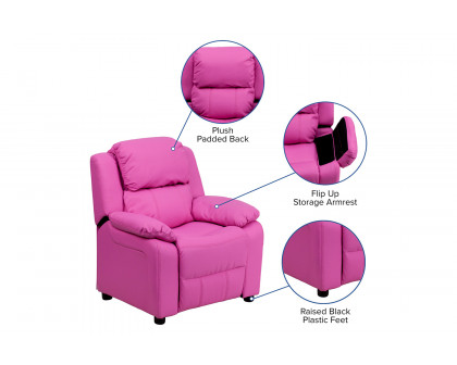 BLNK™ Charlie Deluxe Vinyl Padded Contemporary Kids Recliner with Storage Arms - Hot Pink