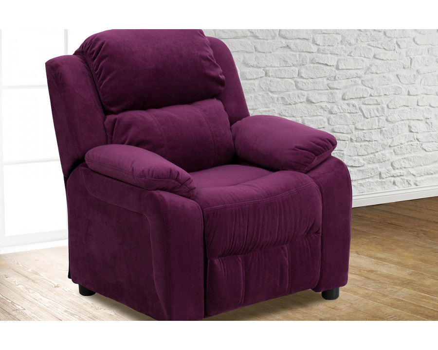 BLNK Charlie Deluxe Microfiber Padded Contemporary Kids Recliner with Storage Arms - Purple