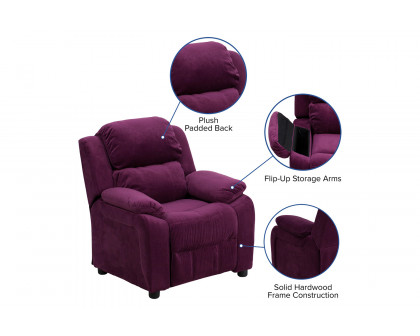 BLNK Charlie Deluxe Microfiber Padded Contemporary Kids Recliner with Storage Arms - Purple