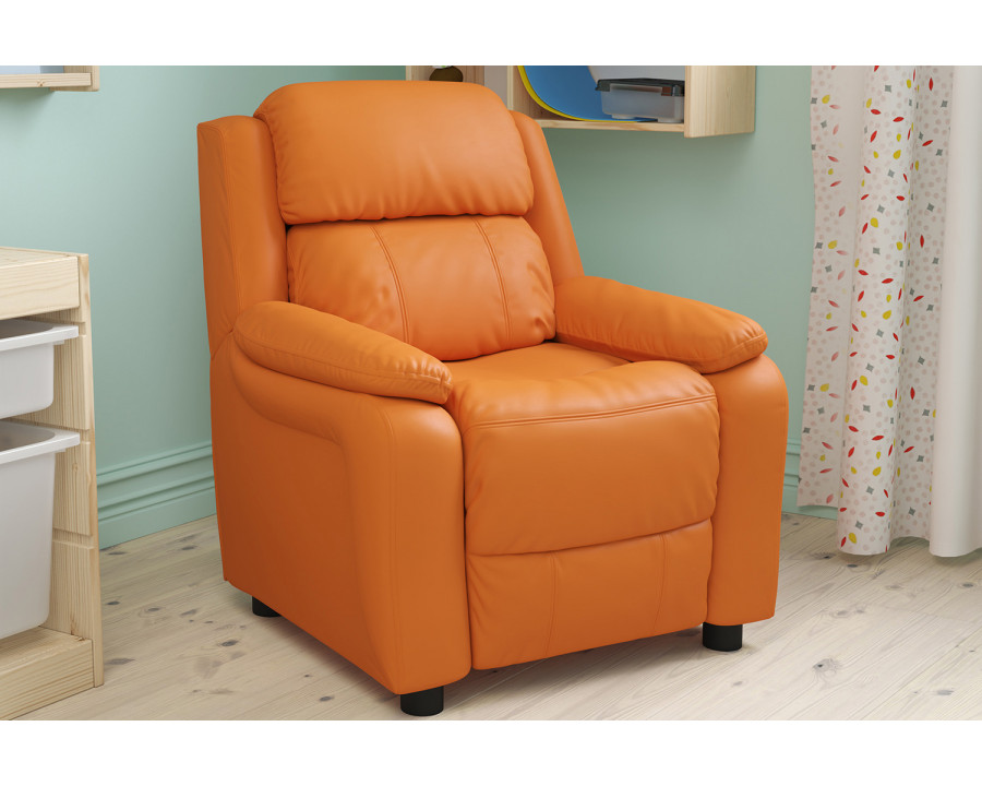 BLNK Charlie Deluxe Vinyl Padded Contemporary Kids Recliner with Storage Arms - Orange