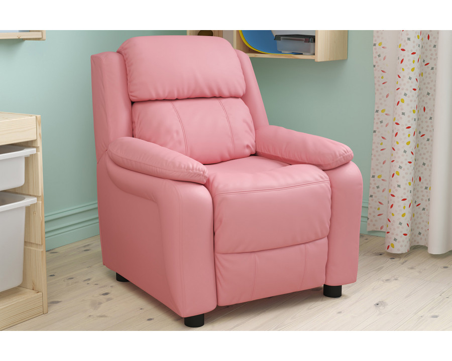 BLNK Charlie Deluxe Vinyl Padded Contemporary Kids Recliner with Storage Arms - Pink