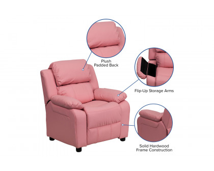 BLNK Charlie Deluxe Vinyl Padded Contemporary Kids Recliner with Storage Arms - Pink