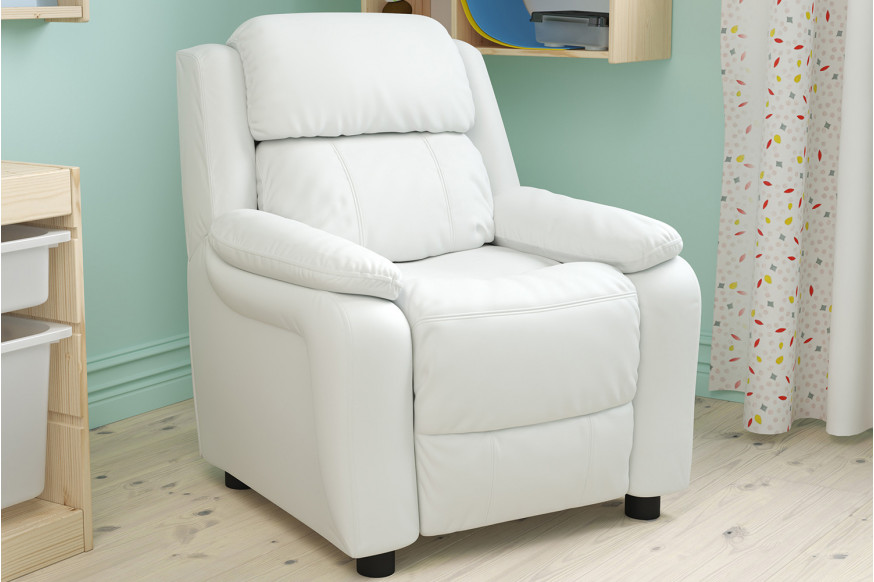 BLNK™ Charlie Deluxe Vinyl Padded Contemporary Kids Recliner with Storage Arms - White