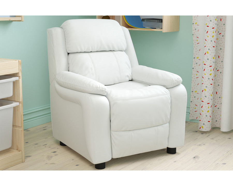 BLNK Charlie Deluxe Vinyl Padded Contemporary Kids Recliner with Storage Arms - White