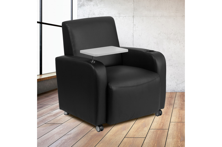 BLNK™ George LeatherSoft Guest Chair with Tablet Arm, Front Wheel Casters and Cup Holder - Black