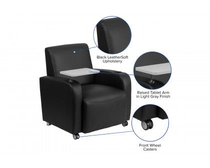 BLNK™ George LeatherSoft Guest Chair with Tablet Arm, Front Wheel Casters and Cup Holder - Black