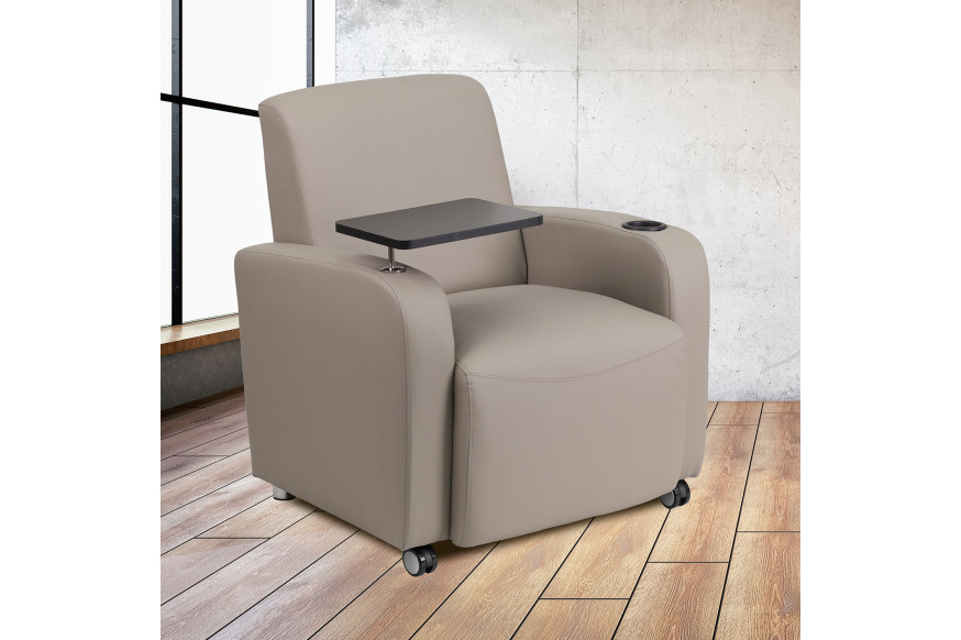 BLNK™ George LeatherSoft Guest Chair with Tablet Arm, Front Wheel Casters and Cup Holder - Gray