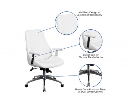 BLNK Hansel LeatherSoft Mid-Back Smooth Upholstered Executive Swivel Office Chair with Arms - White