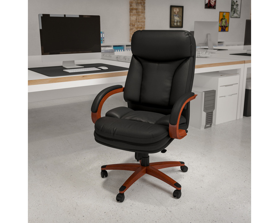 BLNK - Hansel LeatherSoft High-Back Executive Ergonomic Office Chair with Synchro-Tilt Mechanism, Mahogany Wood Base and Arms