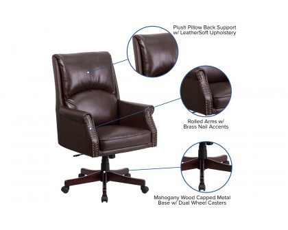 BLNK Hansel LeatherSoft High-Back Pillow Back Executive Swivel Office Chair with Arms - Brown