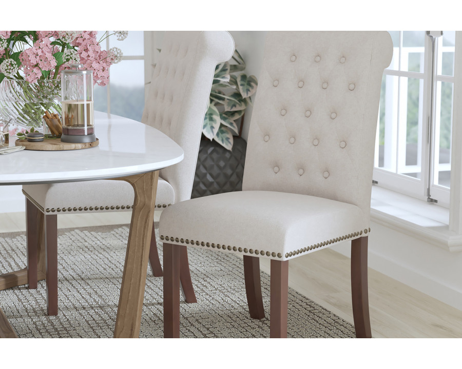 BLNK HERCULES Series Fabric Parsons Chair with Rolled Back, Accent Nail Trim and Walnut Finish - Beige