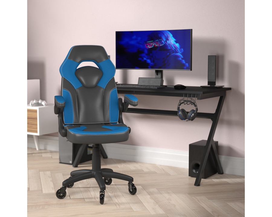 BLNK X10 Gaming Racing Office Computer PC Adjustable Chair with Flip-up Arms and Transparent Roller Wheels - Blue/Black