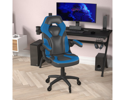 BLNK X10 Gaming Racing Office Computer PC Adjustable Chair with Flip-up Arms and Transparent Roller Wheels - Blue/Black