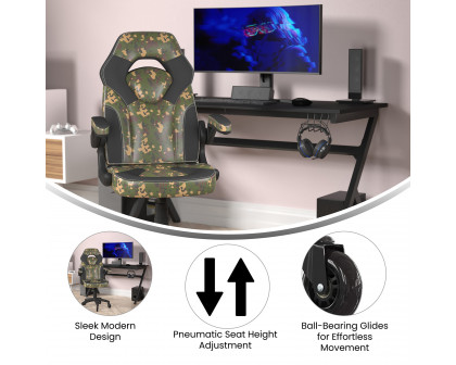 BLNK X10 Gaming Racing Computer PC Adjustable Chair with Flip-up Arms and Transparent Roller Wheels - Camouflage/Black