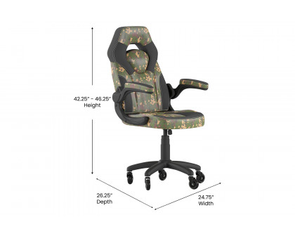 BLNK X10 Gaming Racing Computer PC Adjustable Chair with Flip-up Arms and Transparent Roller Wheels - Camouflage/Black