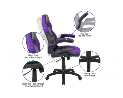 BLNK X10 Gaming Racing Office Ergonomic Computer PC Adjustable Swivel Chair with Flip-up Arms - Purple/Black