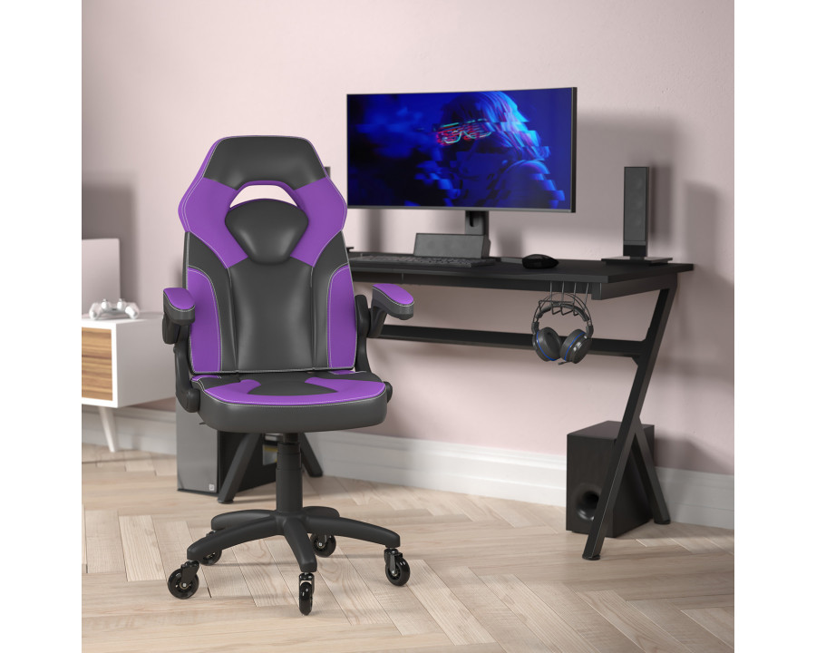 BLNK X10 Gaming Racing Office Computer PC Adjustable Chair with Flip-up Arms and Transparent Roller Wheels - Purple/Black