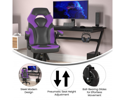 BLNK X10 Gaming Racing Office Computer PC Adjustable Chair with Flip-up Arms and Transparent Roller Wheels - Purple/Black