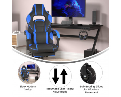 BLNK X40 Gaming Racing Computer Chair with Fully Reclining Back/Arms and Transparent Roller Wheels, Slide-Out Footrest - Black/Blue