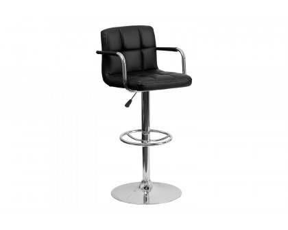 BLNK Genna Quilted Vinyl Adjustable Height Bar Stool with Arms and Chrome Base - Black