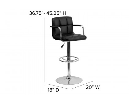 BLNK Genna Quilted Vinyl Adjustable Height Bar Stool with Arms and Chrome Base - Black