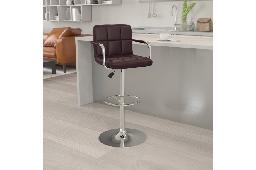 BLNK™ Genna Quilted Vinyl Adjustable Height Bar Stool with Arms and Chrome Base - Brown