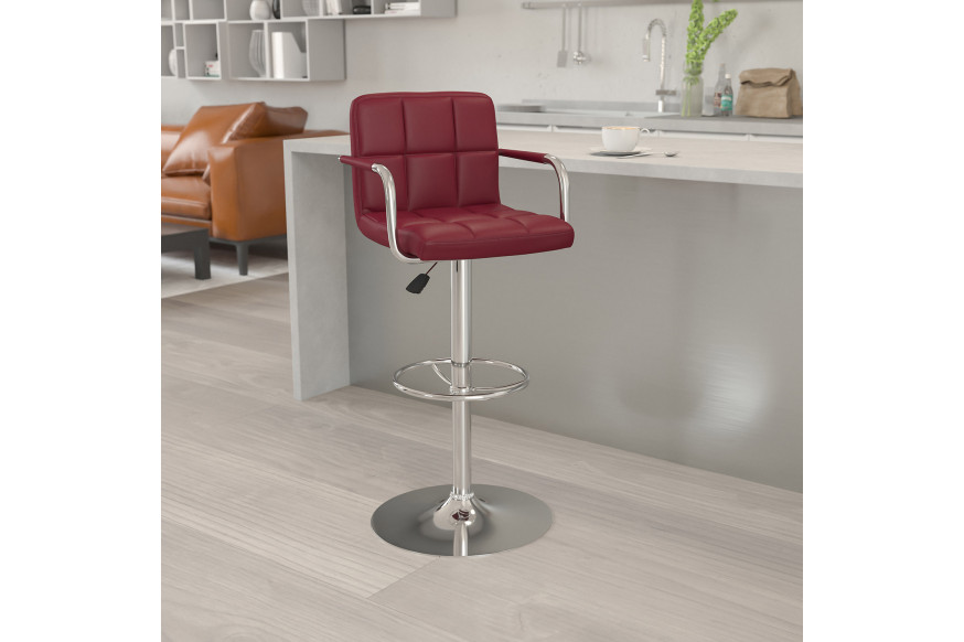 BLNK™ Genna Quilted Vinyl Adjustable Height Bar Stool with Arms and Chrome Base - Burgundy