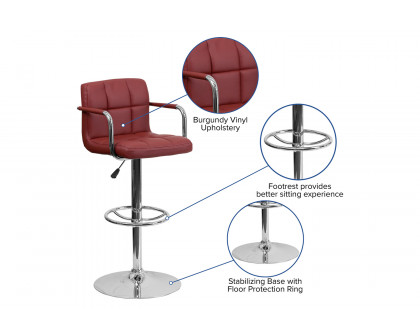 BLNK™ Genna Quilted Vinyl Adjustable Height Bar Stool with Arms and Chrome Base - Burgundy