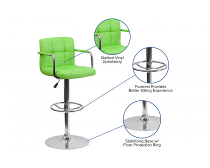 BLNK™ Genna Quilted Vinyl Adjustable Height Bar Stool with Arms and Chrome Base - Green