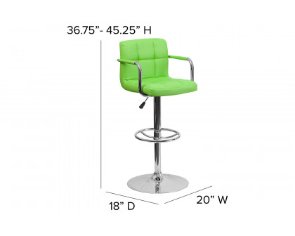 BLNK™ Genna Quilted Vinyl Adjustable Height Bar Stool with Arms and Chrome Base - Green