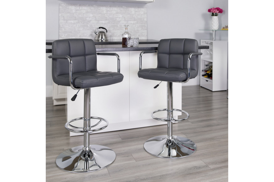 BLNK™ Genna Quilted Vinyl Adjustable Height Bar Stool with Arms and Chrome Base - Gray