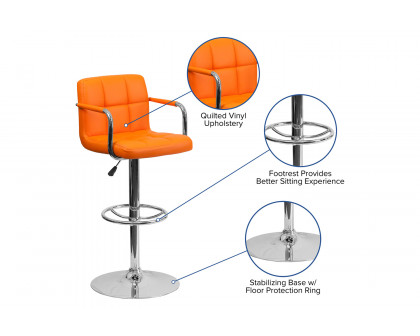 BLNK Genna Quilted Vinyl Adjustable Height Bar Stool with Arms and Chrome Base - Orange