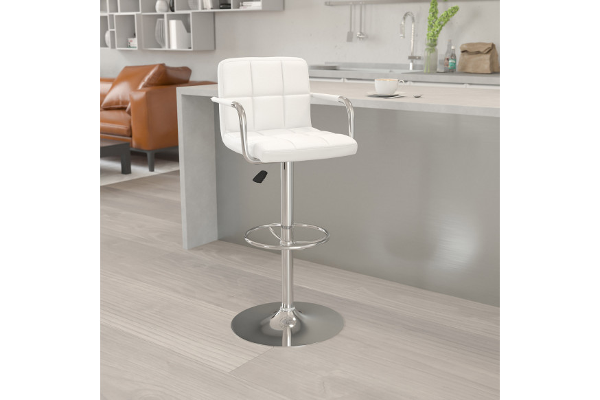 BLNK™ Genna Quilted Vinyl Adjustable Height Bar Stool with Arms and Chrome Base - White