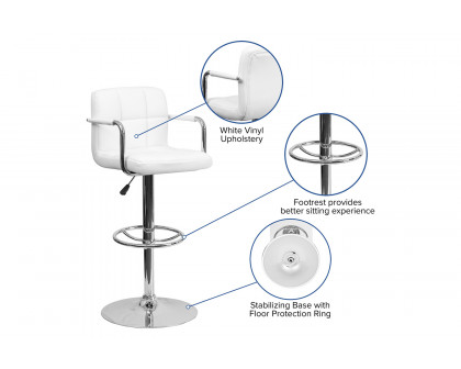 BLNK™ Genna Quilted Vinyl Adjustable Height Bar Stool with Arms and Chrome Base - White