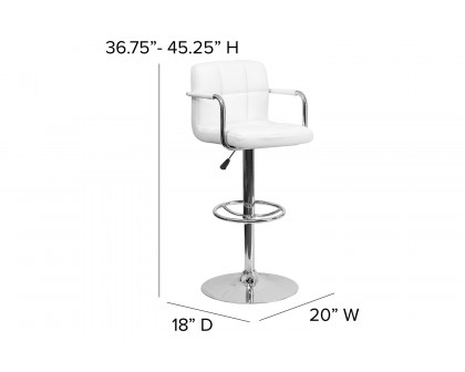 BLNK™ Genna Quilted Vinyl Adjustable Height Bar Stool with Arms and Chrome Base - White