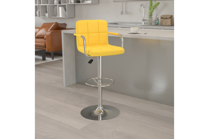 BLNK™ Genna Quilted Vinyl Adjustable Height Bar Stool with Arms and Chrome Base - Yellow