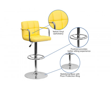 BLNK™ Genna Quilted Vinyl Adjustable Height Bar Stool with Arms and Chrome Base - Yellow