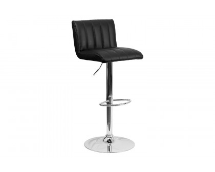 BLNK Genevieve Vinyl Adjustable Height Bar Stool with Vertical Stitch Back/Seat and Chrome Base - Black