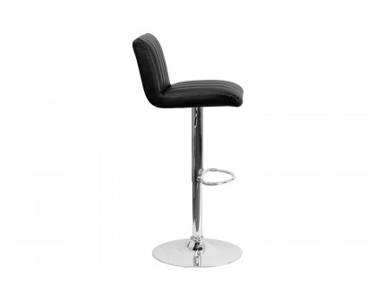 BLNK Genevieve Vinyl Adjustable Height Bar Stool with Vertical Stitch Back/Seat and Chrome Base - Black