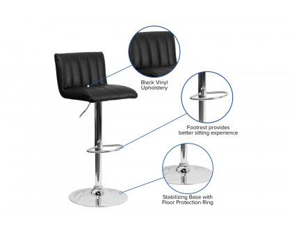 BLNK Genevieve Vinyl Adjustable Height Bar Stool with Vertical Stitch Back/Seat and Chrome Base - Black