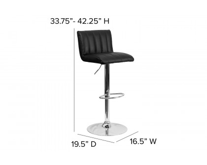 BLNK Genevieve Vinyl Adjustable Height Bar Stool with Vertical Stitch Back/Seat and Chrome Base - Black