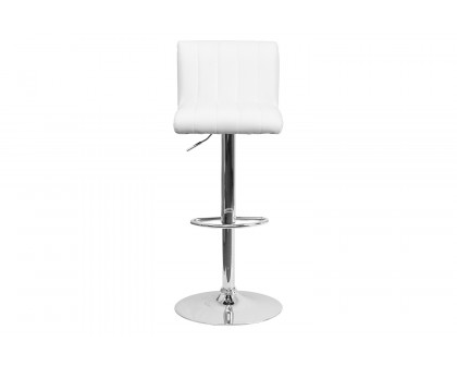 BLNK Genevieve Vinyl Adjustable Height Bar Stool with Vertical Stitch Back/Seat and Chrome Base - White