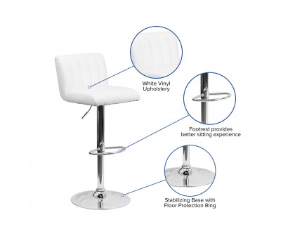 BLNK Genevieve Vinyl Adjustable Height Bar Stool with Vertical Stitch Back/Seat and Chrome Base - White