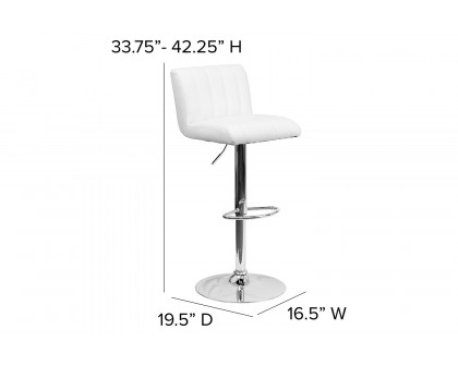 BLNK Genevieve Vinyl Adjustable Height Bar Stool with Vertical Stitch Back/Seat and Chrome Base - White