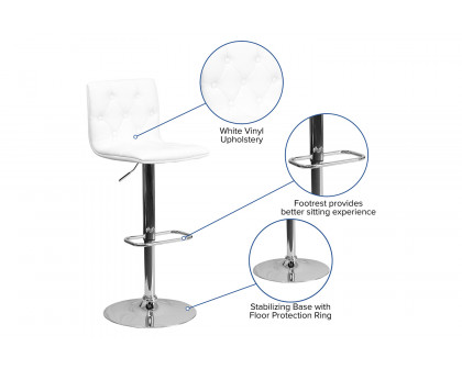 BLNK™ Sammie Vinyl Button Tufted Adjustable Height Bar Stool with Chrome Base - White